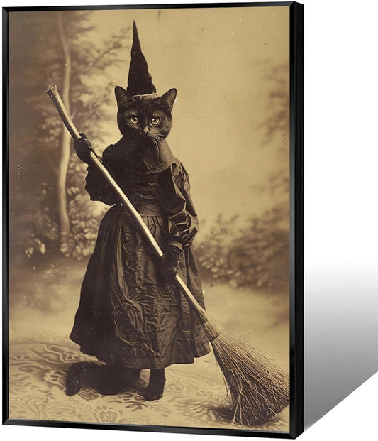 Halloween Decor Posters Black Cat Witch Canvas Wall Art Vintage Spooky Print Of Gothic Room Family Dark Academia Decorations Creepy Picture Poster Aesthetic 12X16inch Aluminum Framed