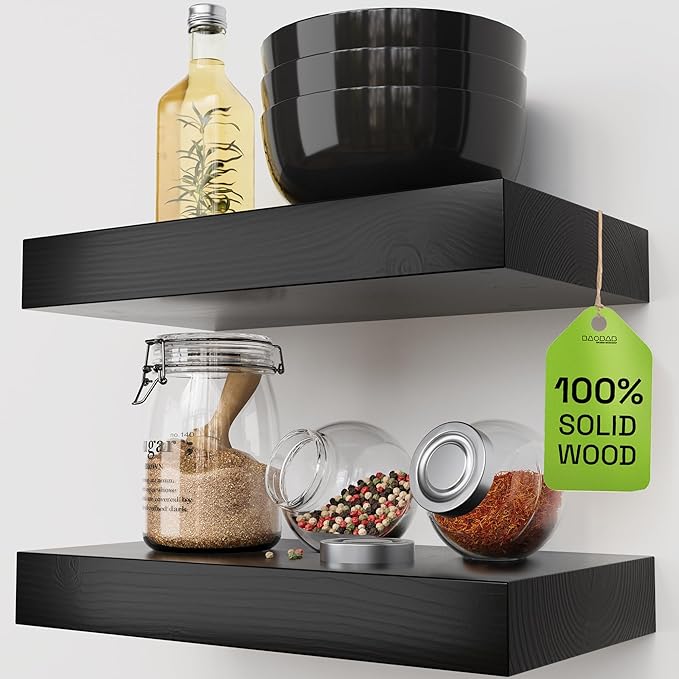 Solid Wood Floating Shelves for Wall 12 Inch Black, Small Wooden Shelf | Real Wood, Wide, Bathroom Shelves for Room Wall Mounted, Kitchen Bedroom, Black Finish, 12W × 6.7D, Set of 2