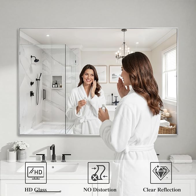 Koonmi Silver Rectangle Wall Mirror, 36x48 Inch Bathroom Mirror, Aluminum Frame Vanity Mirror for Entryway, Living Room, Bedroom Bathroom, Hangs Horizontally or Vertically