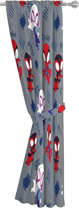 Jay Franco Window Curtains for Kids Bedroom 4-Piece Drape Set with 2 Tiebacks, Grey - Spidey & His Amazing Friends, 42" W x 84" L (Pack of 2)