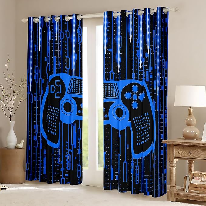 Feelyou Kids Boys Blue Gamer Darkening Drapes Gamer Blackout Curtains Game Window Curtains Light 3D Gaming Window Treatments Gamer (2 Panels, 52 x 63 Inch)