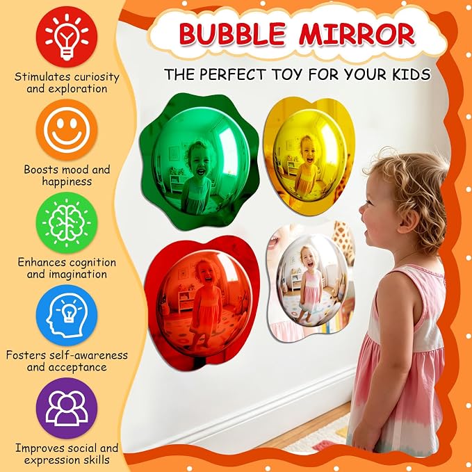 4 Pieces Sensory Wall Bubble Mirror, Calming Corner Decor, Color Convex Acrylic Mirror Toys for Preschool Classroom Playroom Home, Visual, Tactile Stimulation(10 x 10 Inch) (Mixed Shape)