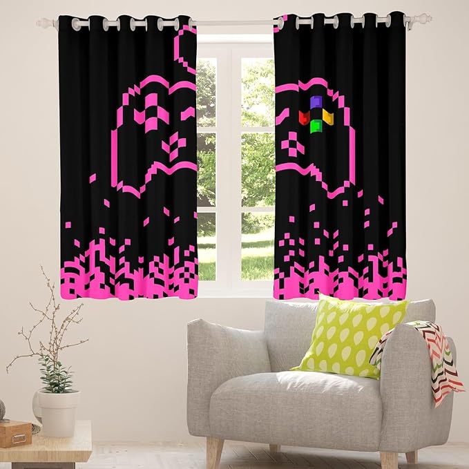 Castle Fairy Gamepad Window Curtain,Pixel Miners Games Blackout Window Treatment,Teens Woman Men Pink Plaid Patchwork Bedroom Curtains Modern Fashion Living Room Decor Top 2 Panels,52Wx90L