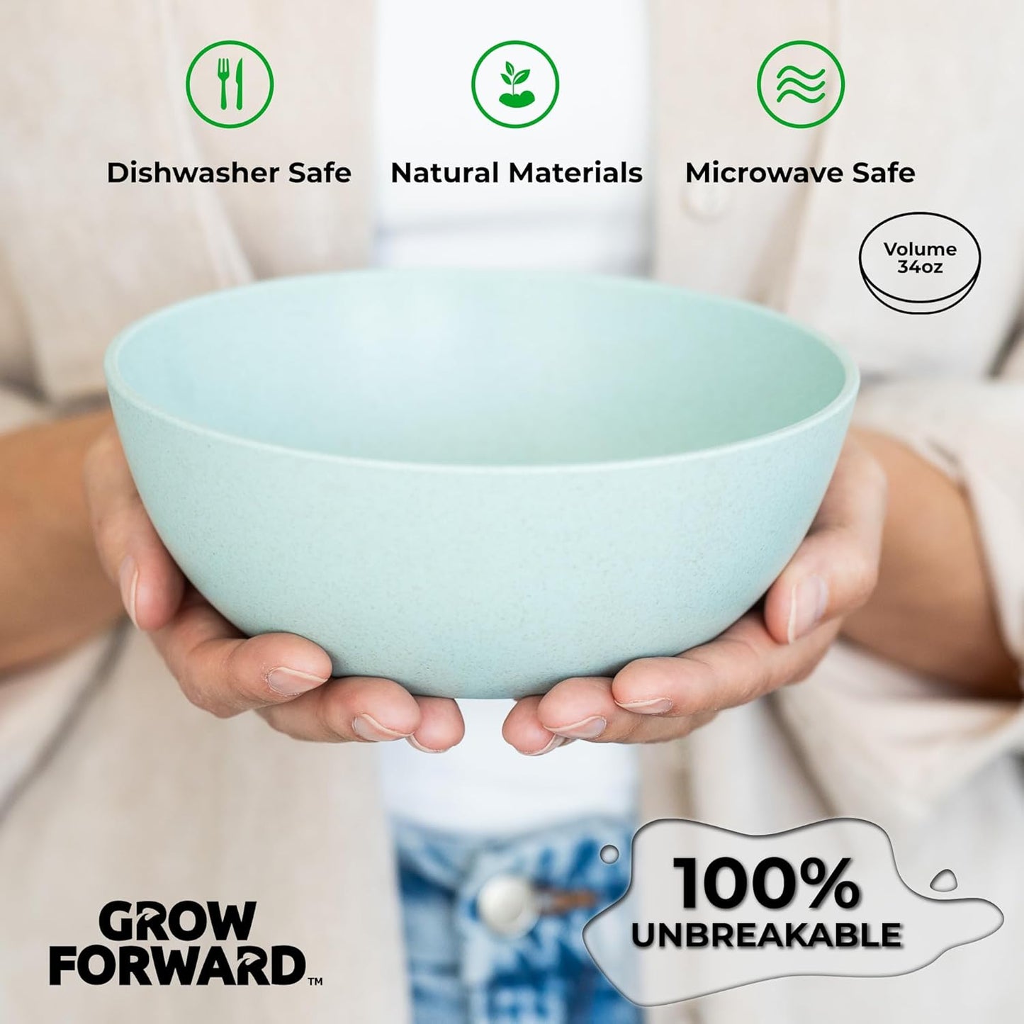 Grow Forward Premium Wheat Straw Bowls - 34oz Microwave Safe Plastic Cereal Bowls Set of 8 for Kitchen, Camping, RV, Dessert, Snack, Soup, Salad, Fruit - Reusable, Unbreakable & BPA Free - Seascape
