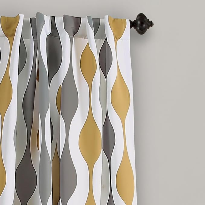 Lush Decor Mid Century Geo Light Filtering Window Curtain Panel Pair, 52" W x 84" L, Gold & Gray