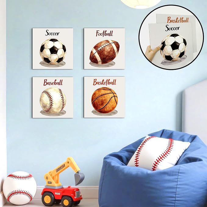 Sports Wall Decor for Boys Wooden Ball Wall Plaques Soccer Baseball Basketball Football Sport Theme Room Decorations Wood Balls Sign Sports Artwork for Kids Room Toddler Teens Bedroom Decor