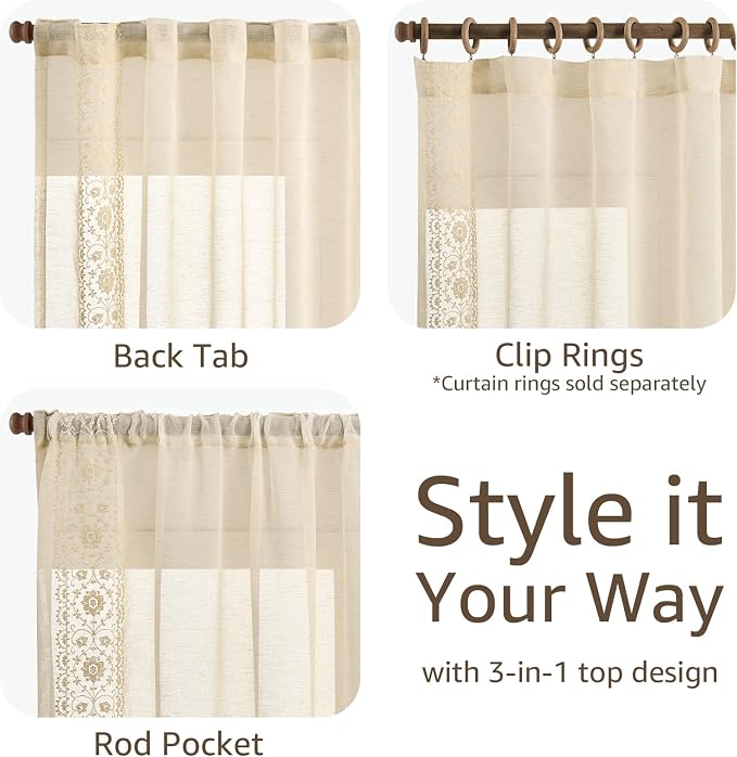jinchan Weslie Beige Floral Sheer Curtains for Living Room 96 Inch Long Embroidered Voile Farmhouse Linen Curtains for Bedroom Ivory Flower Patterned Cottage Core Window Drapes 2 Panels Ivory on Beige