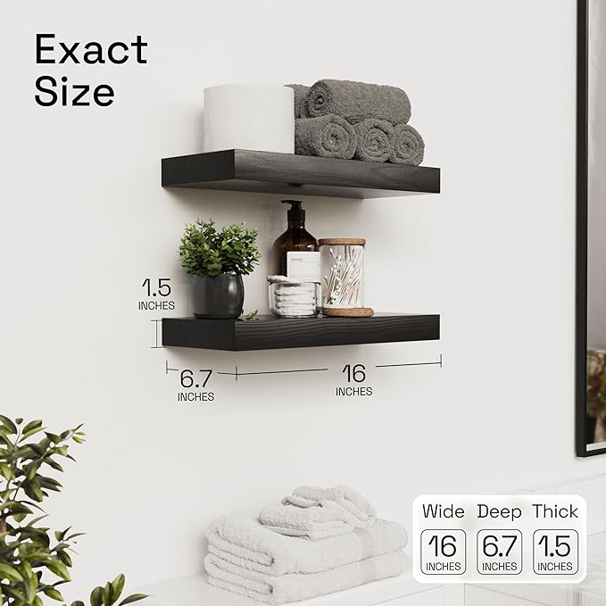 Solid Wood Floating Shelves For Wall 16 inch Black, Bathroom Wooden Shelf | Real Wood, Wall Mounted, Thick, Bedroom Kitchen Living Room, Black Finish, 16W x 6.7D Inch, Set of 2
