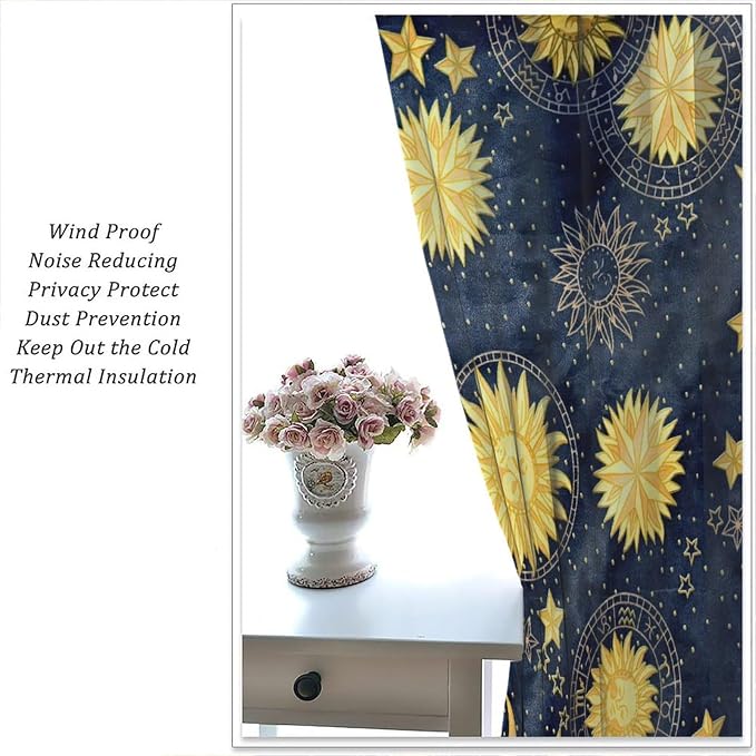 Boho Sun Moon Blackout Window Curtains, Bohemian Golden Sun Moon Stars Print Rod Pocket Window Drapes, for Living Room Bedroom 42x54in 2 Panels