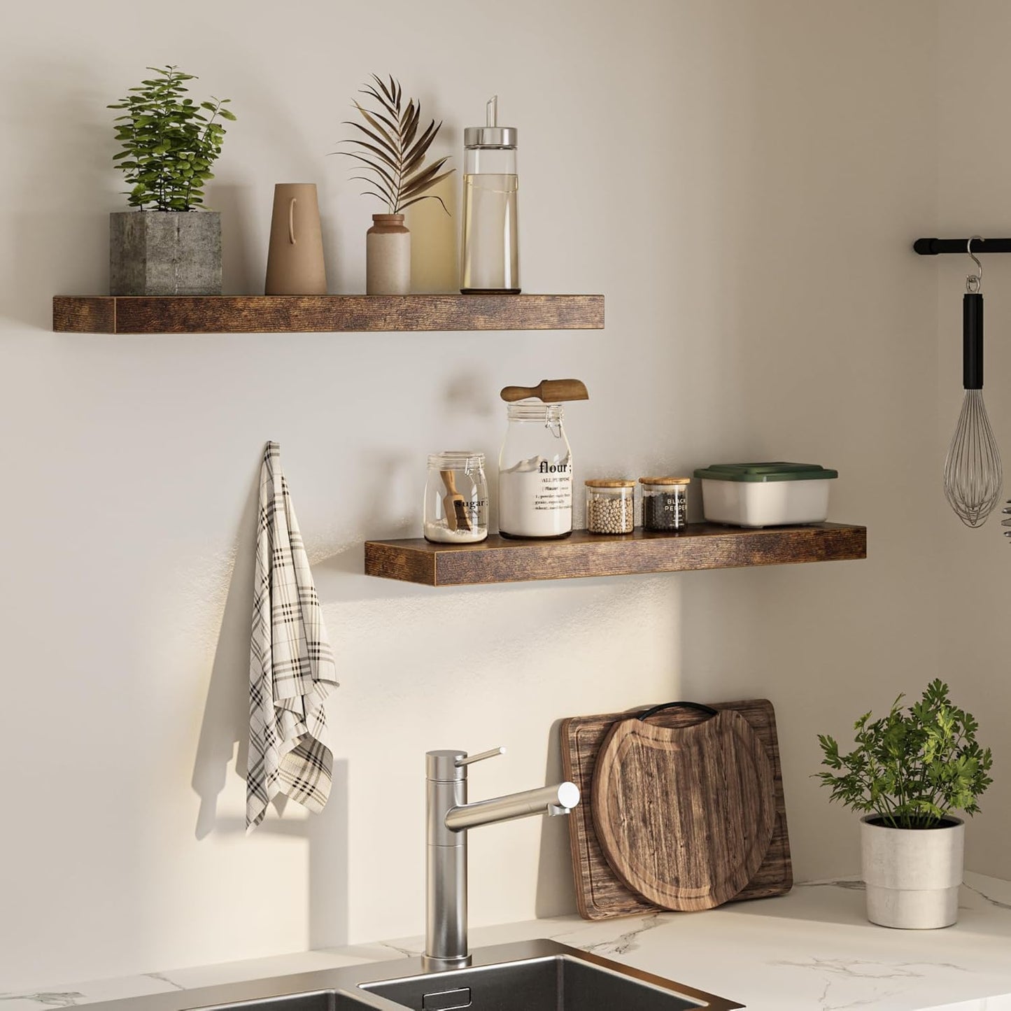 Floating Shelves for Wall, 31.5"W x 6.7"D x 1.5"H, Wooden Wall Mounted Display Shelf with Invisible Brackets for Living Room, Bedroom, Bathroom, Kitchen Decor & Storage, Set of 2, Rustic Brown