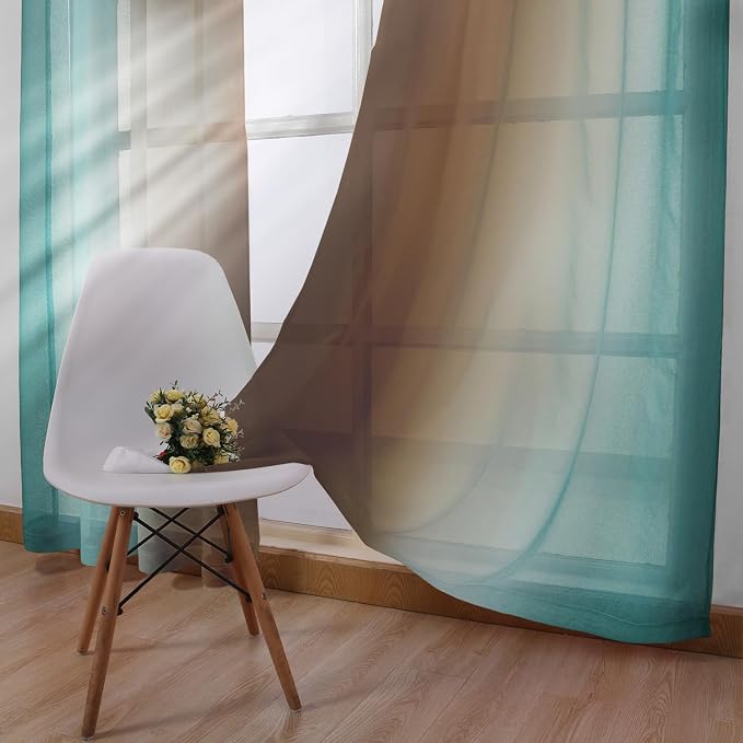 DWCN Ombre Sheer Curtains - Faux Linen Semi Voile Grommet Top Gradient Curtains for Bedroom and Living Room, Set of 2 Window Curtain Panels, 52 x 84 Inch Length（Teal and Chocolate Brown