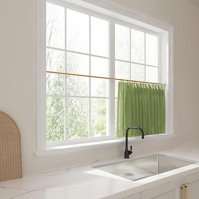 TWOPAGES 26" W x 18" L Linen Blend Cafe Curtains for Kitchen Window, Light Filtering Pinch Pleated Tier Curtains, Modern Farmhouse Half Window Curtains for Small Window, Green, 2 Panels