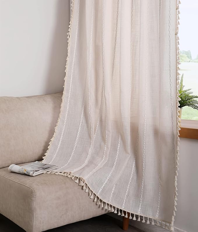 RoomTalks Boho Curtains for Bedroom Living Room 63 Inch Length Freanch Country Modern Farmhouse Window Curtain Panels Embroidery Striped Bohemian Tassel Draperies (63’’L x 52’’W, Beige)
