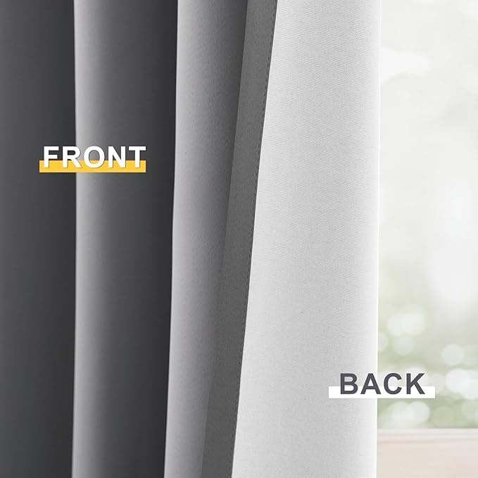 Yakamok 100% Blackout Curtain Panels 96 inches Cold and Light Blocking Drapes for Nursery, 2 Thick Layers Thermal Insulated Draperies (2 Pieces, 50 Wide Each Panel, Grey Front with White Backing)