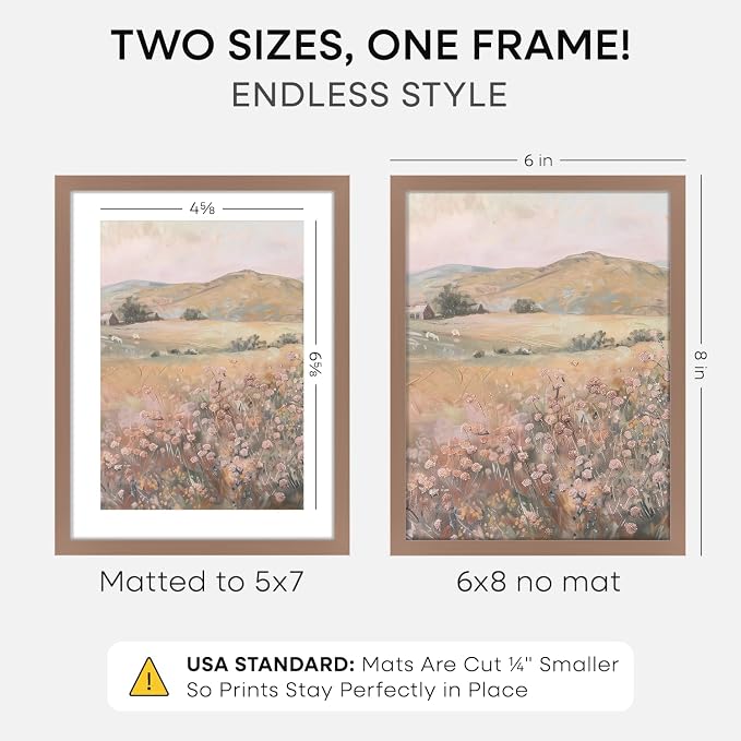Homeforia 6x8 Picture Frame Mocha, High End Metal 6 x 8 Mocha Frames with Mat 5 x 7 for Art, 8x6 Desk Frame Matted to 5x7 inch Photo, 6 by 8 Wall or Tabletop Frames, Tempered Glass, Wall Kit, Set of 2