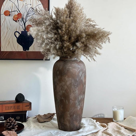 15 Inch Ceramic Rustic Farmhouse Vase, Handmade Pottery Flower Vases for Home Decor, Brown Ceramic Vase for Living Room, Table Centerpieces & Shelf Decor, Wedding Gifts