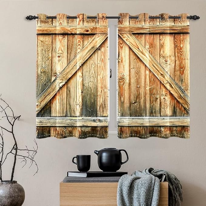 Closed Door Barn Door Curtains Rustic Vintage Wood Door Wooden Plank Window Curtains Farmhouse Countryside Living Room Kitchen Curtain Drapes Treatments Grommets Top,21x45 inch,2 Panels