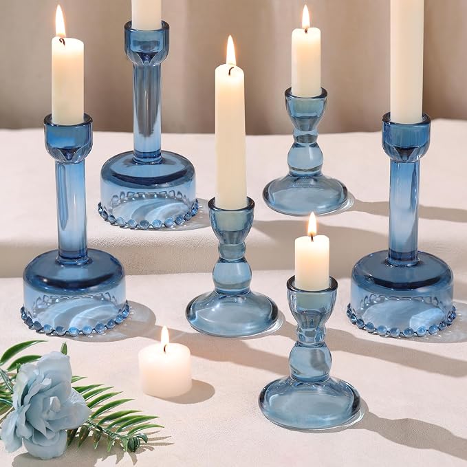 Lanttu 6 Pcs Blue Glass Candlestick Holders Taper Candle Holder Bulk | Crystal Candle Holders for Wedding, Table Centerpiece, Home Decoration