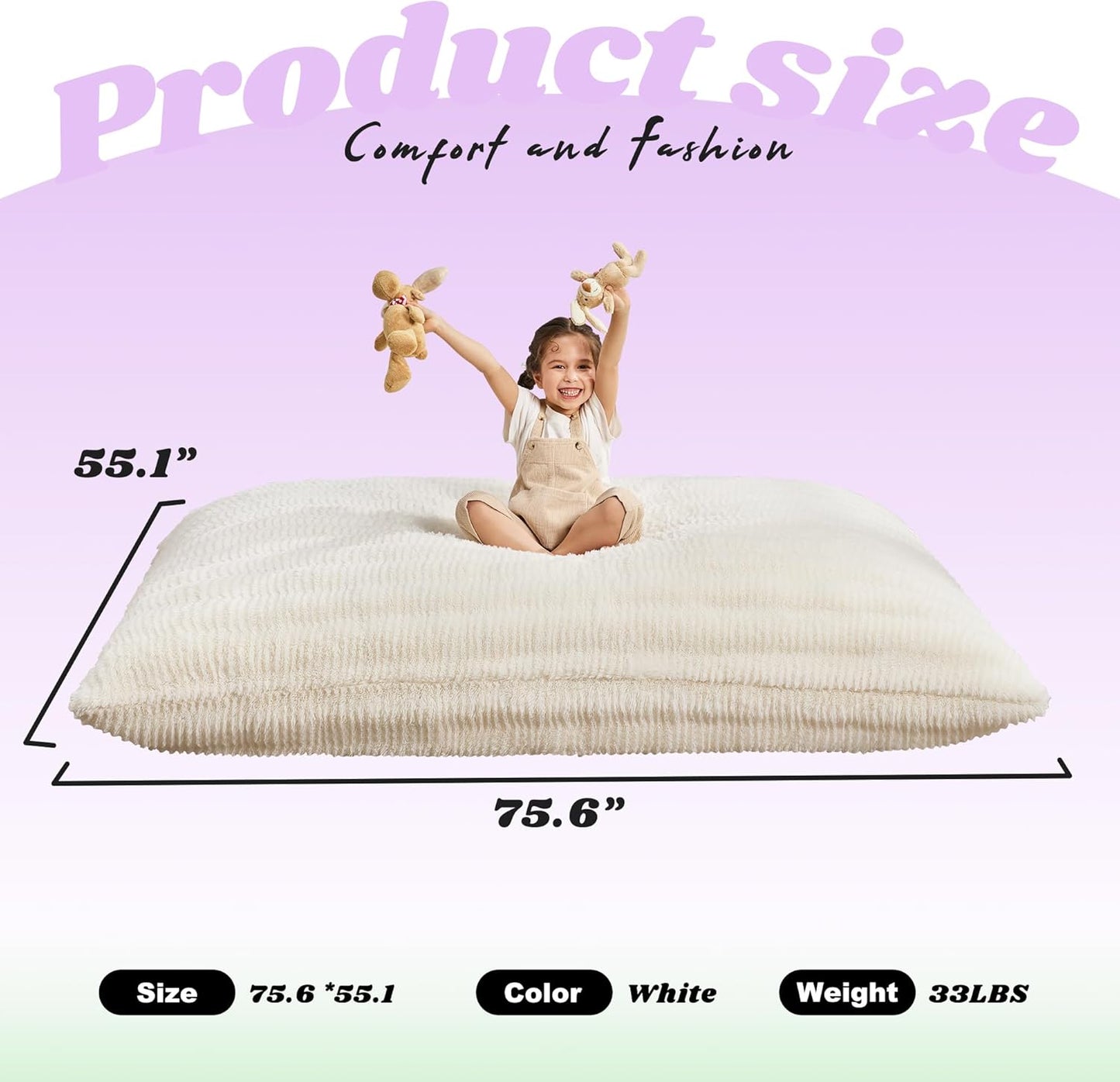 Hobestluk 3 in 1 Bean Bag Chair Giant Bean Bag Chairs for Adults with Ripple Cover Convertible Bean Bag Floor Cushion with Machine Washable Cover for Living Room (Ripple White)