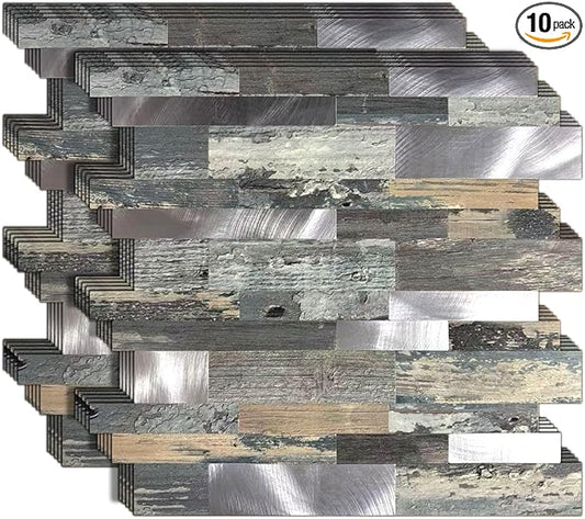 10-Sheet Peel and Stick Backsplash Tile, PVC Mixed Meta,l Stick on Kitchen, Bathroom Vanities, Fireplace Décor, Laundry Table(11.2" X 12.7") (10, Wooden Green+Frosted Silver)
