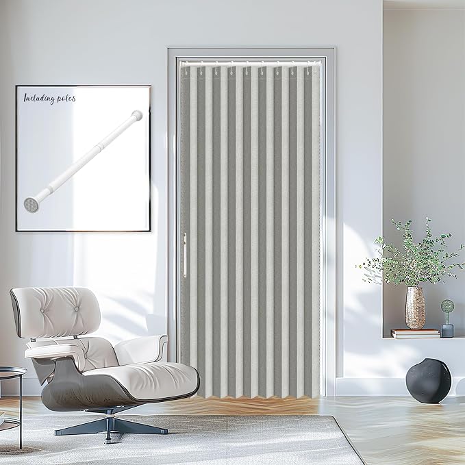 AJAZZ Set: Curtain Rods No Drilling (28-39" W Adjustable Range) & Accordion Door Curtain Grey 42W×78" L, Accordion Doors for Closet Doorway Room Divider