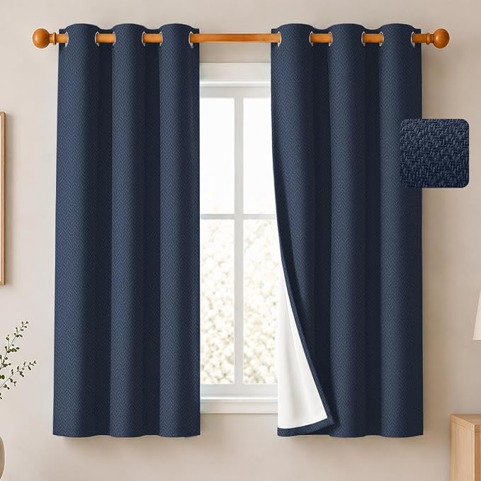 2 Panels 100% Blackout Linen-Textured Curtains, Thick Thermal Insulated Grommet Drapes with Subtle Herringbone Weave, Luxury Decor for Bedroom/Living Room, 37 x 54 Inches, Navy