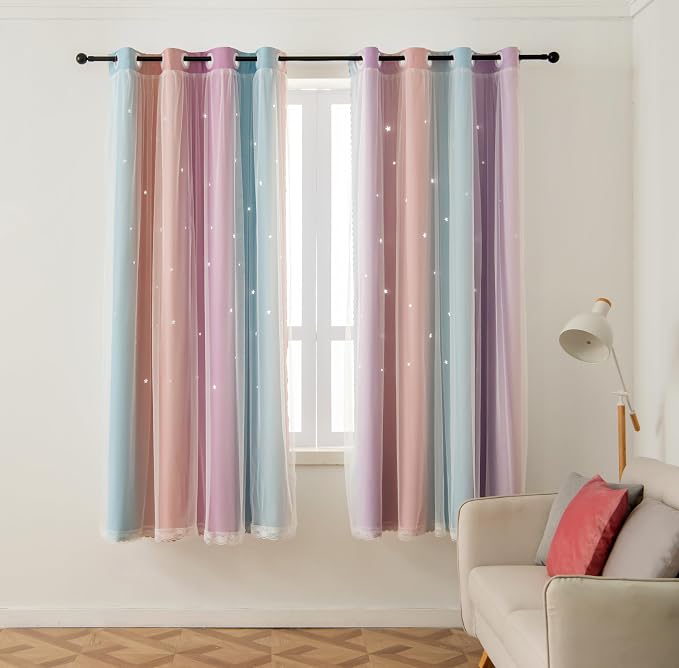 Cute Star Blackout Curtains for Girls Bedroom, Princess Curtains, W40X L63 | 2 Panels Pink Purple Thick Grommet Top Star Cutout Curtains, Double Layer Nursery Kids Curtains, Aesthetic Living Room Decor