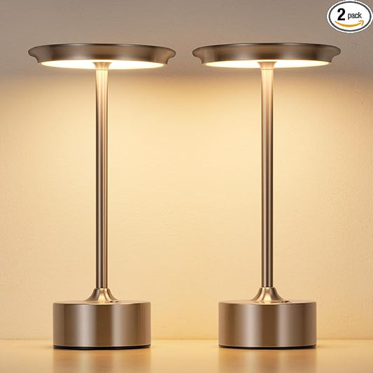 PUSU Rechargeable Table Lamps Set of 2, Nickel Cordless LED 4000mAh Battery Desk Lamp, Stepless Dimming & 3 Color 2700K-6000K, Portable Lamp for Bedroom, Living Room, Restaurant, Outdoor, Night Light