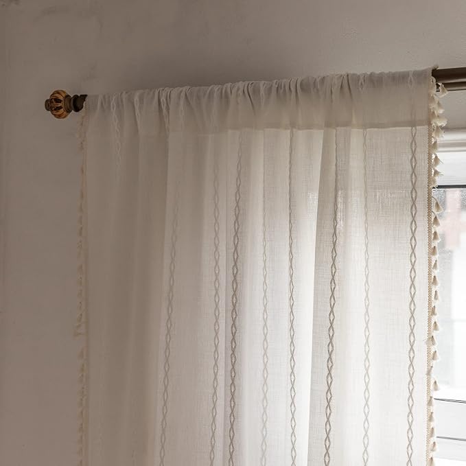 Boho Curtains Semi-Blackout 84 Inch 2 Panels for Living Room, Linen Tassels Farmhouse Curtains with Embroidery for Bedroom Rod Pocket Draperies 52" W x 84" L, Off White