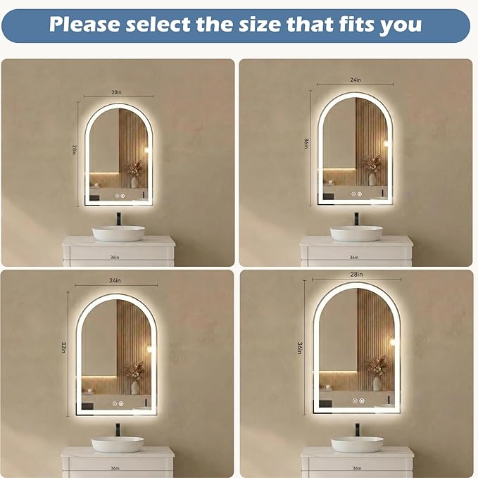 Sweetcrispy 24“×36” LED Bathroom Backlit Mirror with Lights, Arched Vanity Mirror with Anti-Fog, Dimmable, 3-Color Light, Memory Function, Tempered Glass
