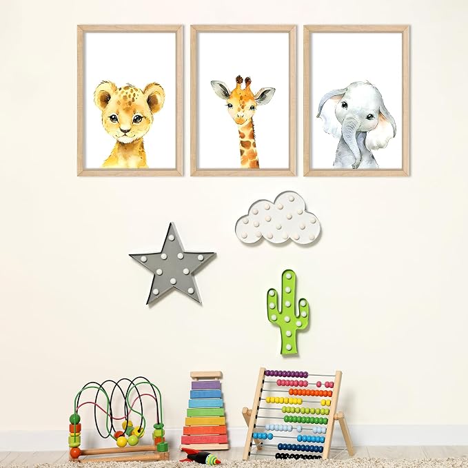 Nursery Decor Safari Baby Animal Giraffe Elephant Lion 3Pc 16x24 Wood Frame | Cute Prints Sign Wall Art for Children's Room