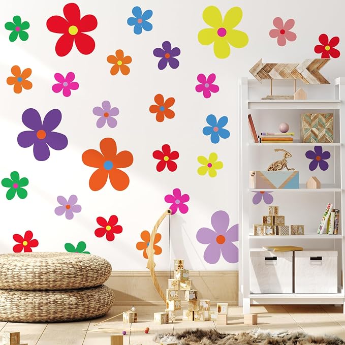 TaoBary 12 Sheet Daisy Wall Sticker Decal Removable Cute Daisy Bedroom Room Decor Flower Wall Sticker Pink White Flower Decal Wallpaper Peel and Stick for Nursery Home(Vivid Color,Exquisite Style)