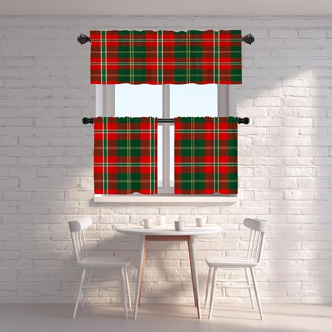 Shrahala Red Green Checkered Blackout Short Curtains for Windows, Red Green Black Yellow Check Plaid Kitchen Valance Thermal Insulated Rod Pocket Window Treatment for Bathroom 52 X 18 in