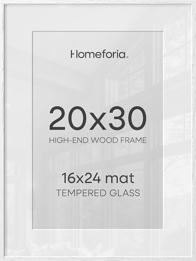 Homeforia White 20 x 30 Frame, High End Oak 20 x 30 White Wood Poster Frames with Mat 16 by 24 Photo, 20x30 Wooden Picture Frame Matted to 16x24, 30x20 Large Frames, Tempered Glass, Wall Kit, Set of 3