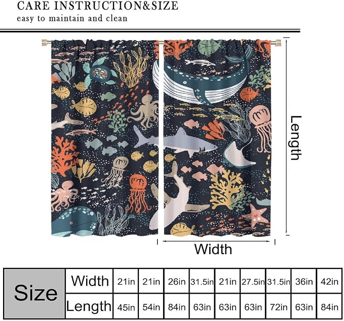 YCness Kids Sea Animal Curtains for Boys Girls Bedroom Nursery Decor Funny Turtle Whale Ocean Colorful Art Printed Blackout Window Drapes Fabric Set 2 Panel 55x63 Inch 80% Shading Rate
