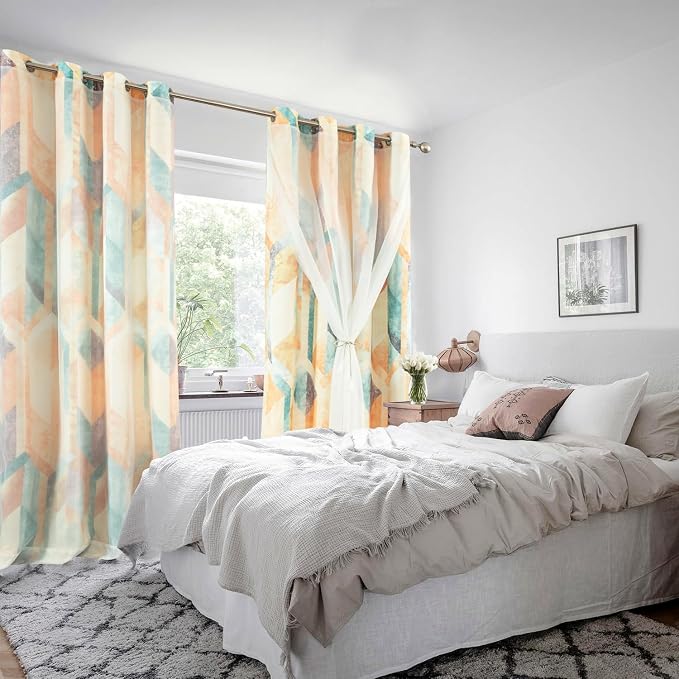 Leeva Room Darkening Curtains with Sheer Overlay, Double Layer Orange Drapes 84 Inch Length, Linen Textured Geometric Drapery Panels Set for Bedroom, Grommet Top, 52" x 84"