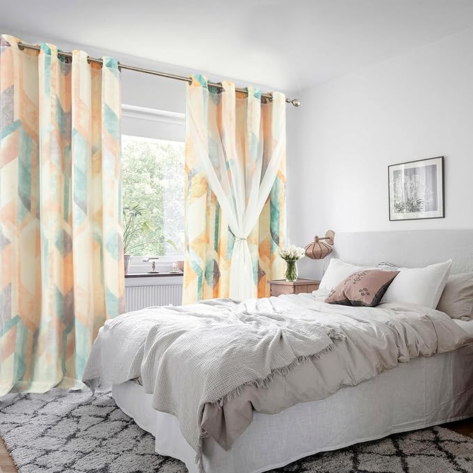 Leeva Short Double Layered Curtains, Linen Textured Geometric Print Privacy Window Treatment Curtain Panels for Bedroom, Set of 2 Grommet Top Drapes, 52 x 63 Inches, Orange