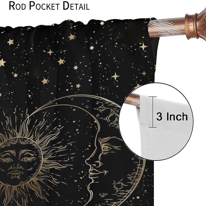Sun Moon Blackout Windows Curtains, Golden Sun Moon and Stars Black Sky on Bohemian Style Curtains, for Living Room Bedroom 63x63in 2 Panels