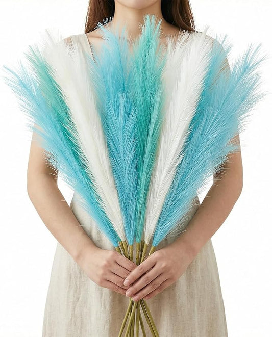 Agusbagli 8 Pcs Teal Blue Faux Pampas Grass Decor 35” Fluffy Fake Colored Pampas Grass Tall White Pampas Grass Stems Large Flower Arrangement Floor Vase Filler for Home Wedding Boho Decor