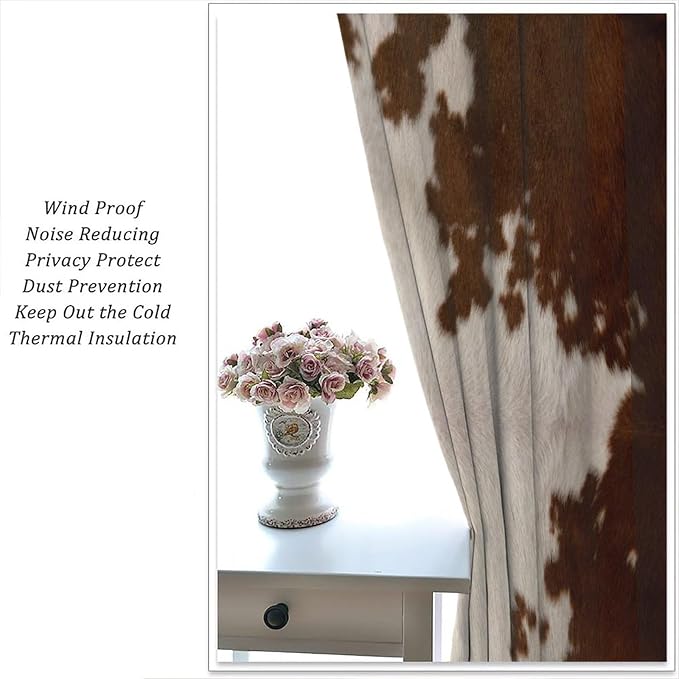 Cow Print Blackout Curtain, Animal Fur Brown Cowhide Western Farm Style Window Treatments Rod Pocket Curtain for Bedroom Living Room Kitchen Decor Drapes 72x63in