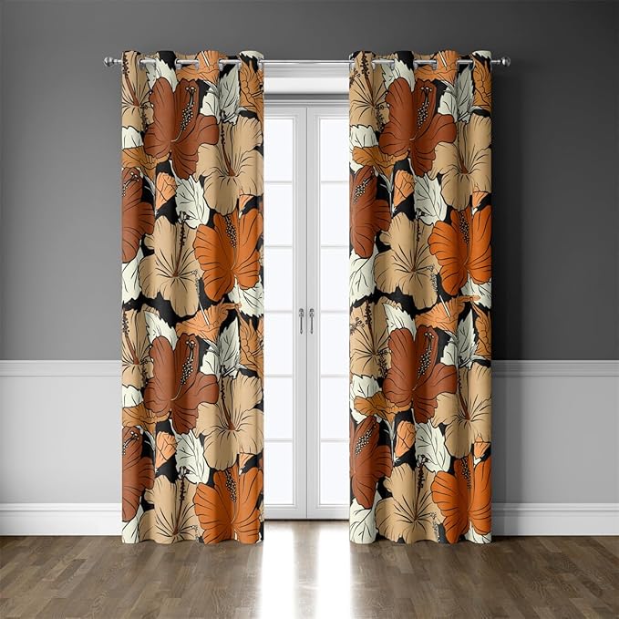 Floral Blackout Curtains 84 Inch Length 2 Panels Rustic Vintage Hibiscus Flowers Orange and Yellow Print Thermal Insulated Darkening Drapes Window Treatment for Bedroom Living Room 52x84 Inch
