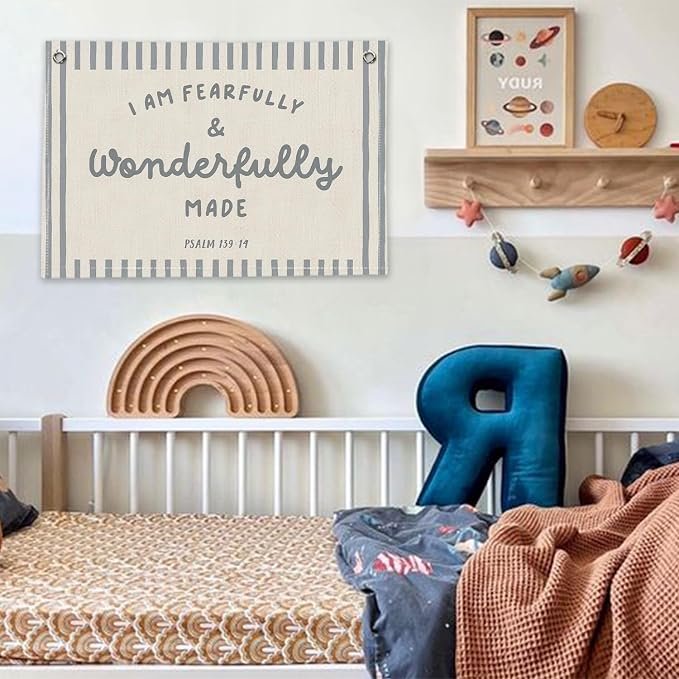 RTXLEZM Christian Nursery Decor, I Am Fearfully and Wonderfully Made | Christian Canvas Banner Wall Hanging, Retro Religious Wall Art for Bedroom Kids Room Classroom Playroom Nursery ,20x30