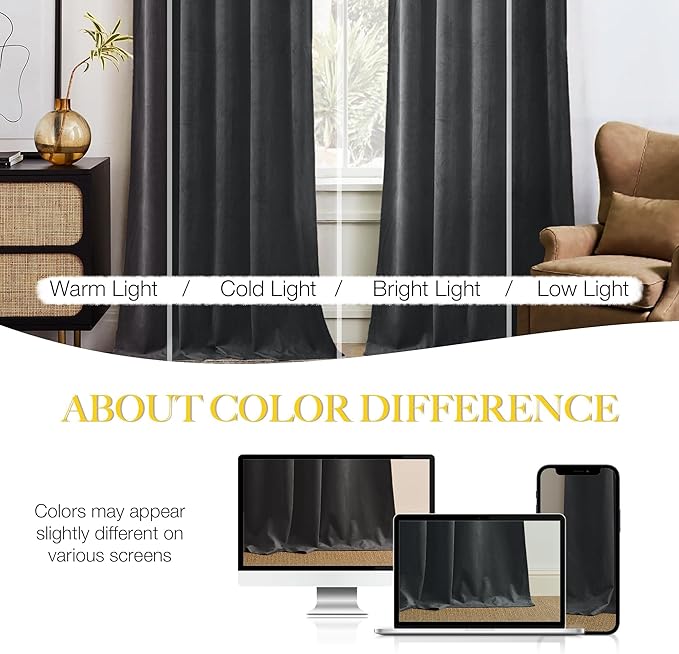 NICETOWN Living Room Grey Velvet Curtains, Sound and Sunlight Reducing Heavy Matt Rod Pocket Drapes/Panels for High Celling Wall (2 Panel Per Pack, 102 inches Long)