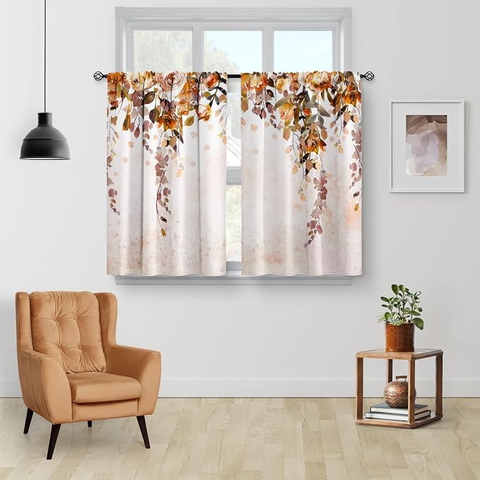 Aimego Fall Floral Leaves Kitchen Curtains - Rustic Watercolor Art Plant Flower Botanical Country Nature Short Cafe Tier Curtains Decor for Dining Room Rod Pocket Window Drapes 2 Panels Set 28"x45"