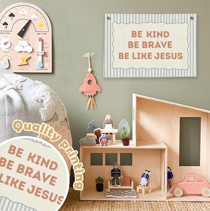 RTXLEZM Christian Nursery Decor,Be Kind Brave Be Like Jesus Banner | Inspirational Bible Verse Wall Hanging Decor for Toddler Boys Room Classroom Bedroom Playroom 20x30 Inch