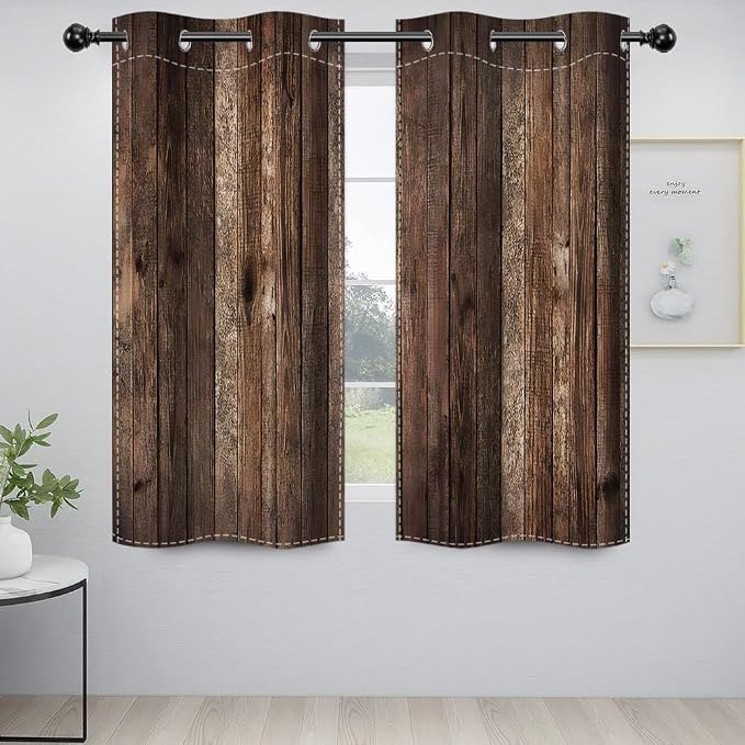 Rustic Old Brown Window Curtains Vintage Wood Barn Door Curtains Retro Wood Planks American Rustic Rural Garage Door Drapes Door Native Farmhouse Decor Window Treatments,26x63 inch,2 Panels