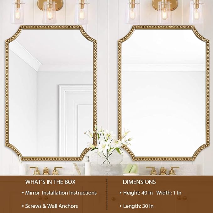 30"x40" Mirror for Wall, Full Scalloped Corners Rectangle Decorative Mirror, Metal Beaded Frame Accent Wall Decor for Bathroom, Entryway, Mantel, Antique Gold