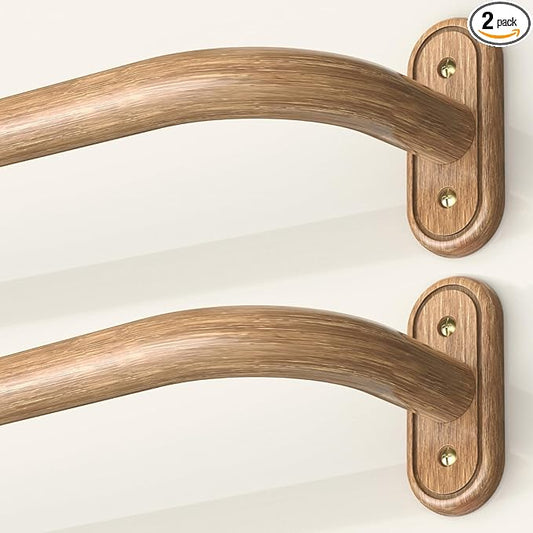 2 Pack Wrap Around Curtain Rods Wood, Blackout Heavy Duty Curtain Pole for Windows 28 to 48 Inch, 1" Decorative Room Darkening Curved Boho Drapery Rod (Wood/Unique Design/All Metal)