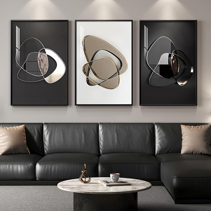 Large Framed Modern Elegant Abstract Wall Art for Living Room, 3 Piece Contemporary Luxury Metal Style Prints Paintings, Minimalist Pictures for Entryway, BeeHome, Home Office Wall Decor 24x36 In