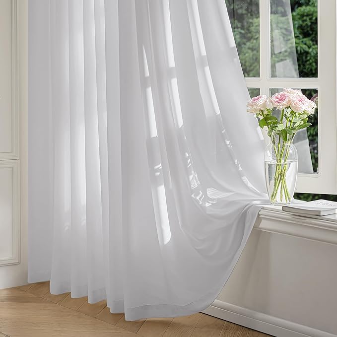 FMFUNCTEX Sheer Non-See-Through Grey Curtains for Bedroom, Faux Silk that Let Light Curtains 63 inches Long Light Filtering Privacy Sheer Window Drapes for Living Room, Rod Pocket 2 Panels Set